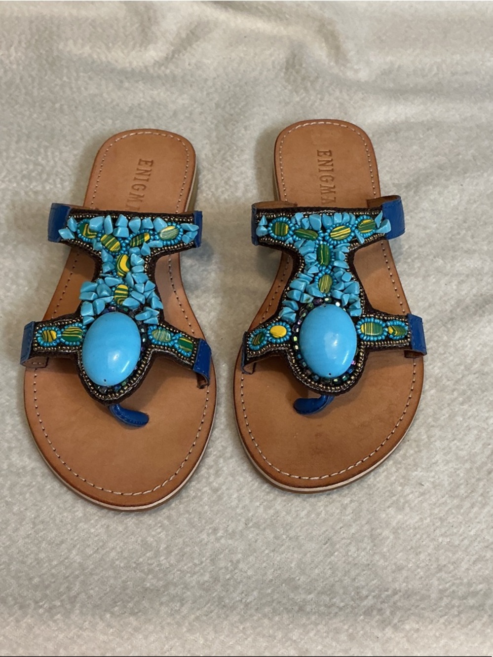 Blue Beaded T-Strap Slide Sandals